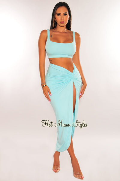 Aqua Double Lined Tank Knotted Slit Maxi Skirt Two Piece Set - Hot Miami Styles