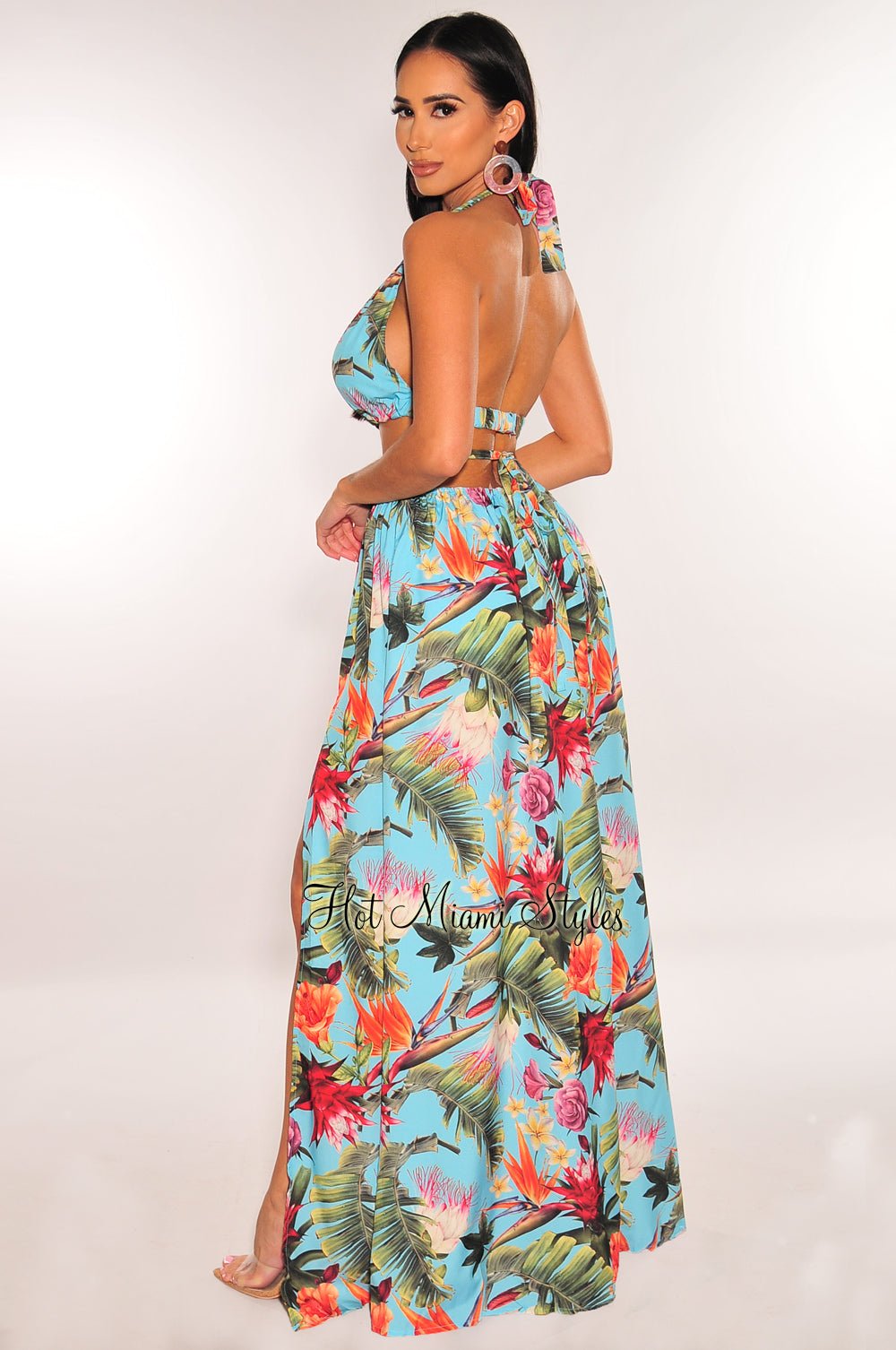 aqua tropical print padded halter o ring cut out slit belted maxi dress hot miami styles