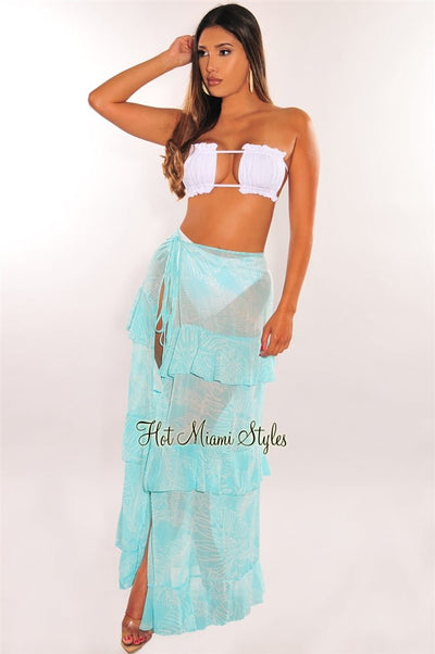 Aqua White Palm Print Tie Up Ruffle Maxi Skirt Cover Up - Hot Miami Styles