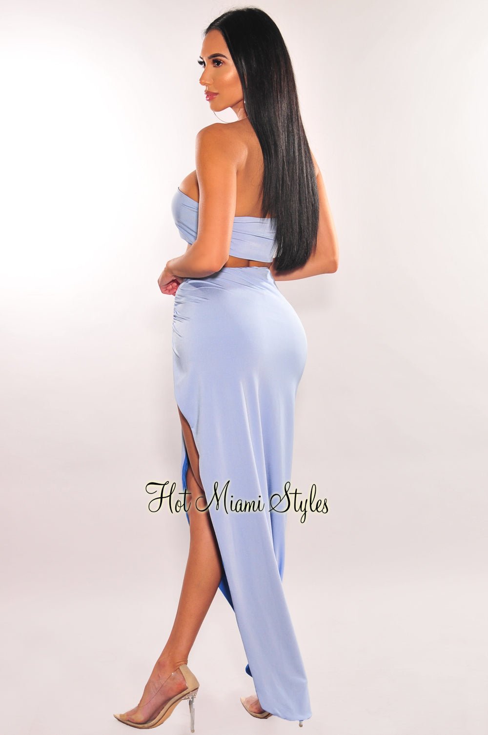 Baby Blue One Shoulder Knotted Slit Skirt Two Piece Set – Hot Miami Styles