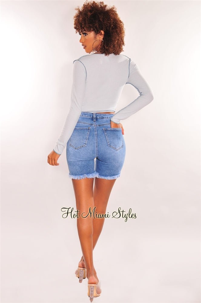 Baby Blue Ribbed Exposed Seams Tie Up Long Sleeve Top - Hot Miami
