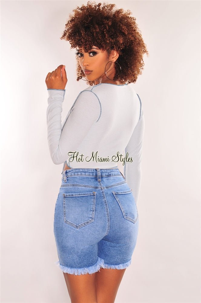 Baby Blue Ribbed Exposed Seams Tie Up Long Sleeve Top - Hot Miami