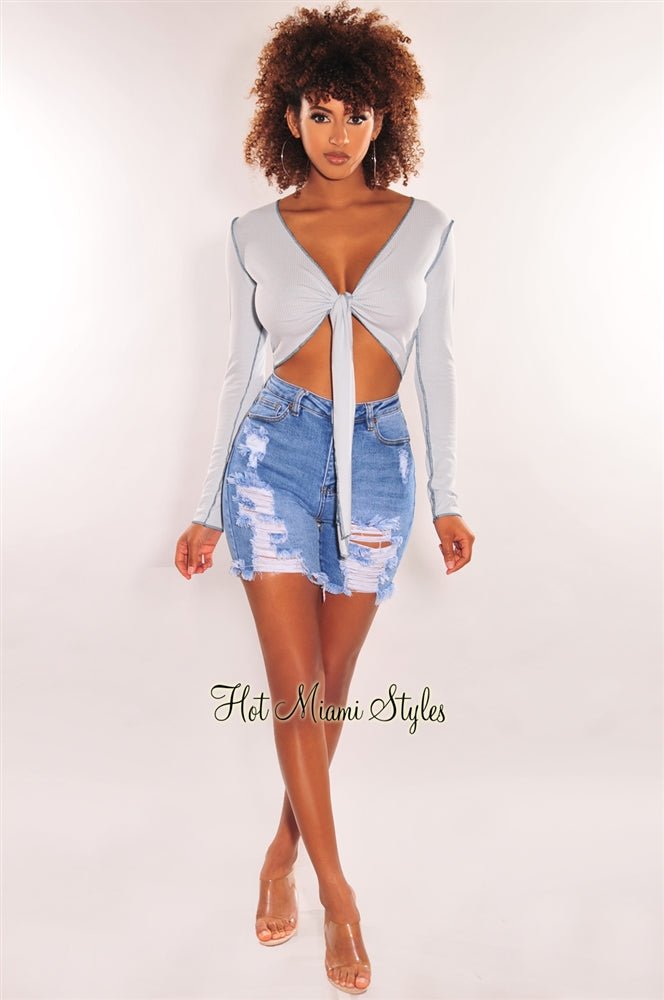 Baby Blue Ribbed Exposed Seams Tie Up Long Sleeve Top - Hot Miami