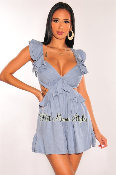 Baby Blue V Neck Ruffle Cut Out Romper - Hot Miami Styles