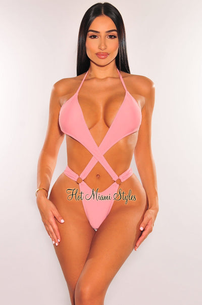 Baby Pink Halter Criss Cross O-Ring Cut Out Thong Swimsuit - Hot Miami Styles