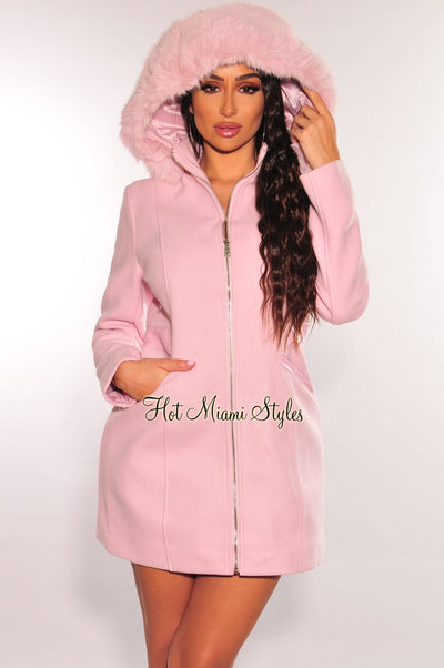 Baby Pink Wool Collared Fur Hooded Zipper Coat Jacket - Hot Miami Styles