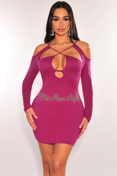 Berry Cut Out CrissCross Long Sleeve Mini Dress - Hot Miami Styles