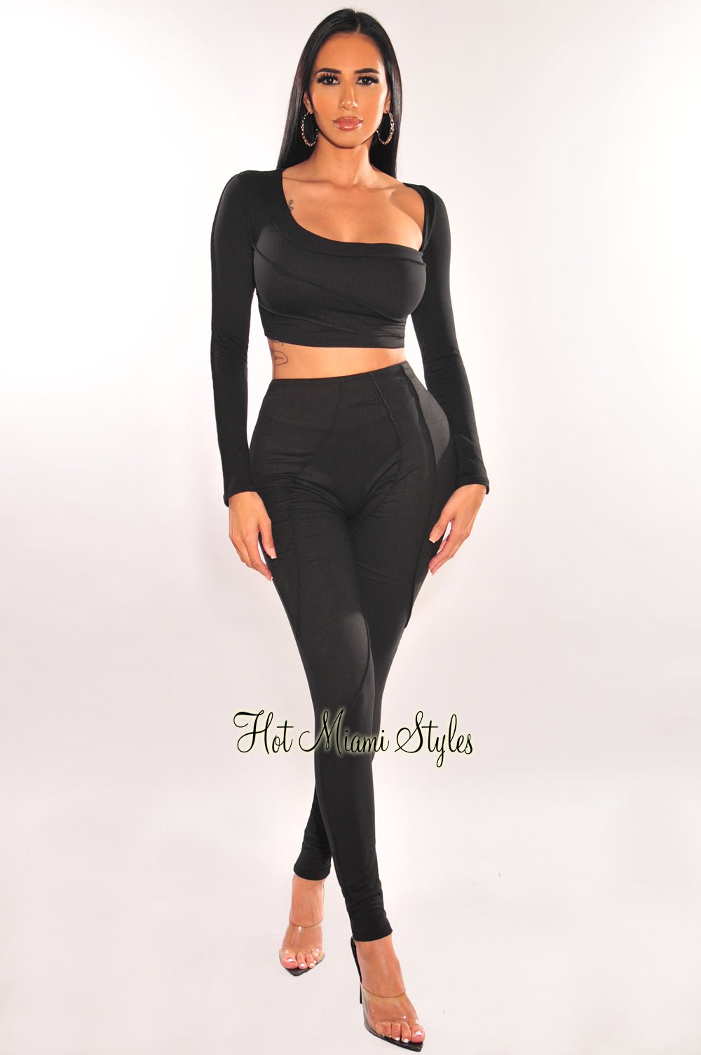 Black Asymmetrical Long Sleeve Pants Two Piece Set - Hot Miami Styles Large Black Asymmetrical Long Sleeve Pants Two Piece Set - Hot Miami Styles Large