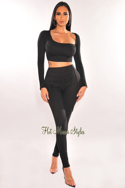 Black Asymmetrical Long Sleeve Pants Two Piece Set - Hot Miami Styles