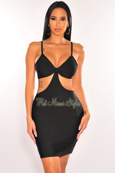 Black Bandage Spaghetti Straps Knotted Cut Out Mini Dress - Hot Miami Styles