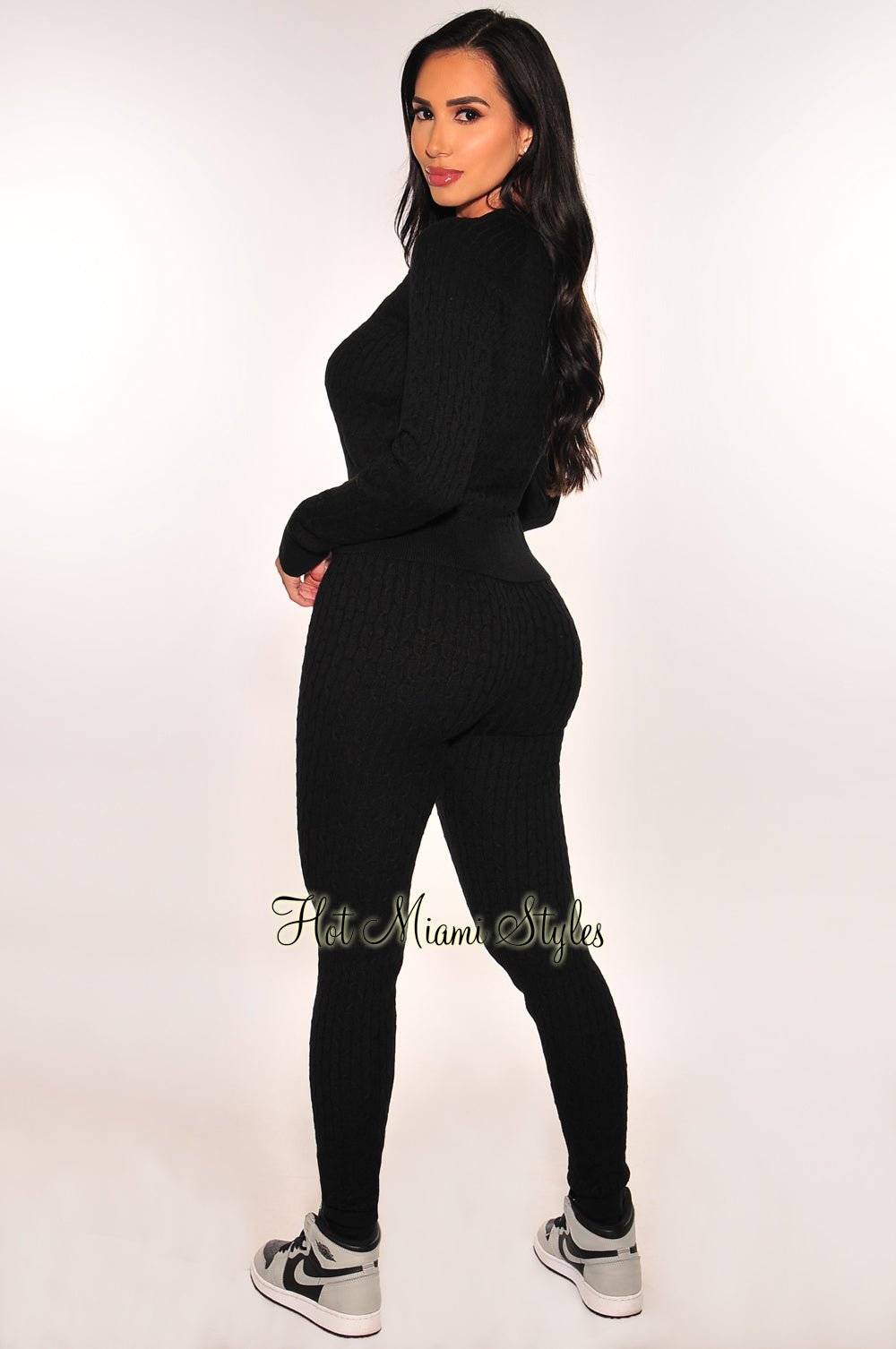 Black Cable Knit Round Neck Long Sleeve Pants Two Piece Set - Hot Miami ...