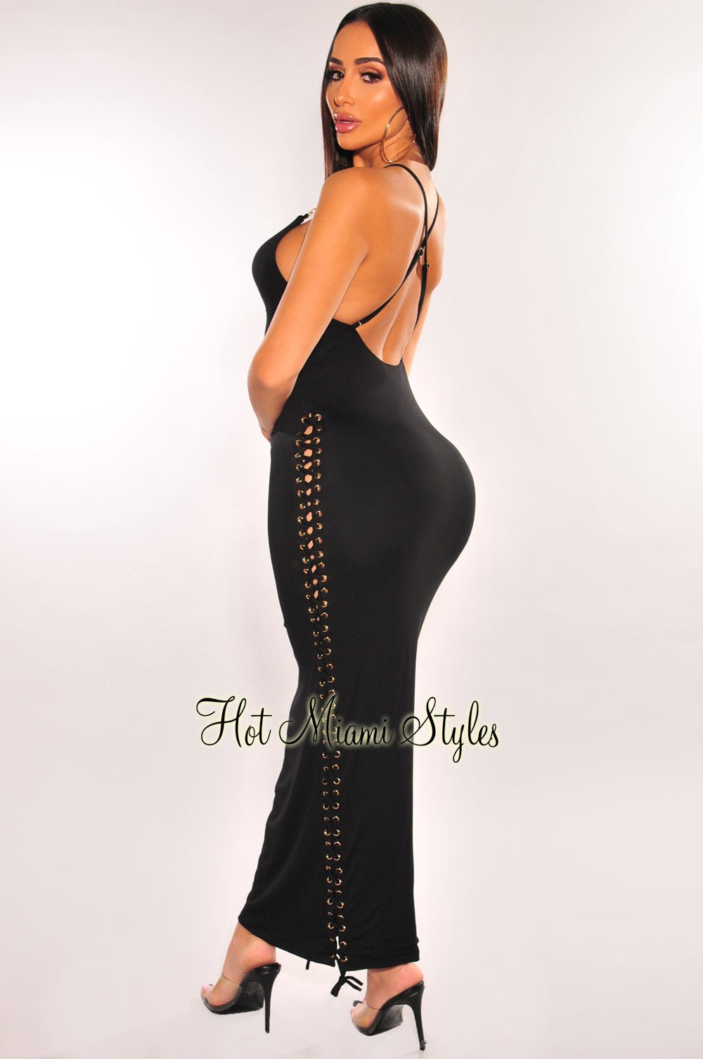 Maxi Dress with Chain Straps and Side Cutout Accents - Black main image 1