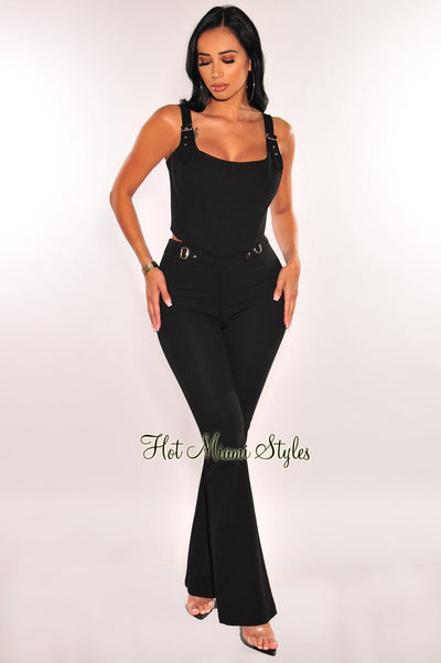 Maida Two Piece Set - V Front Crop Top and Wide Leg Pants Set in Black