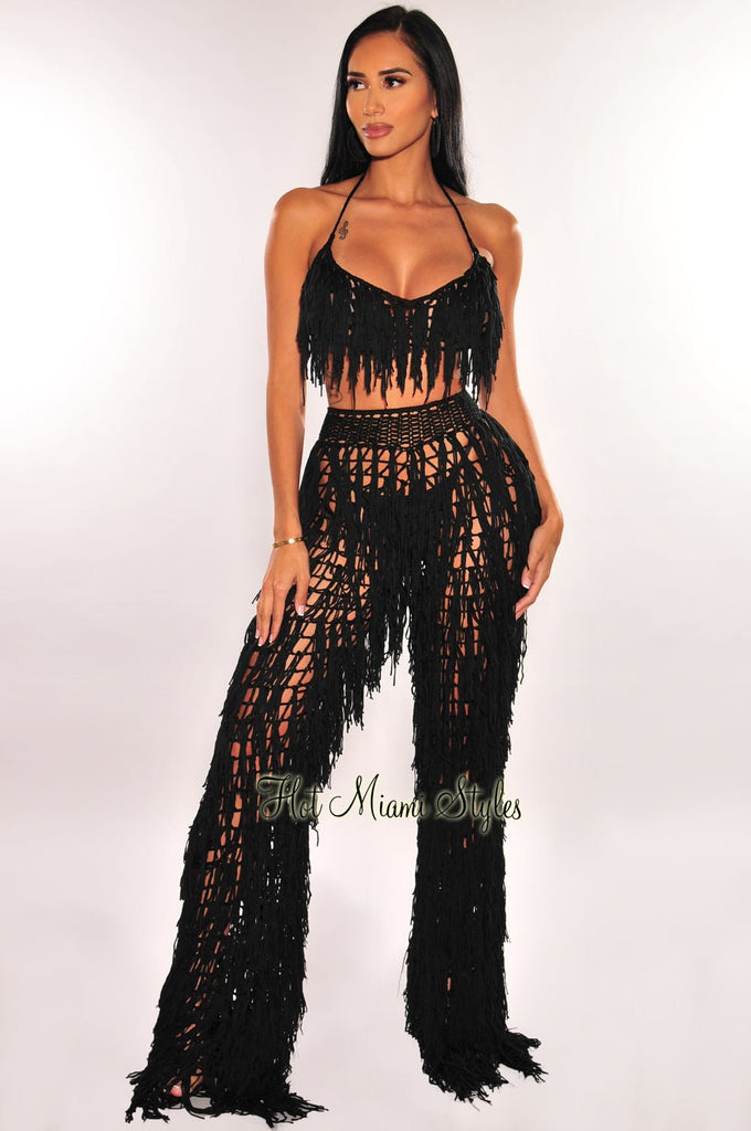 Black Vinyl High Waisted Pants, Two Piece Sets