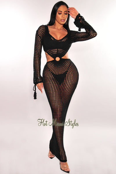 Black Lace Up Long Sleeve Double Slit Dress – Hot Miami Styles