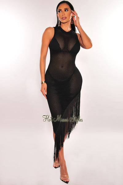 Black Crochet Sleeveless Asymmetrical Fringe Hem Slit Cover Up Dress - Hot Miami Styles