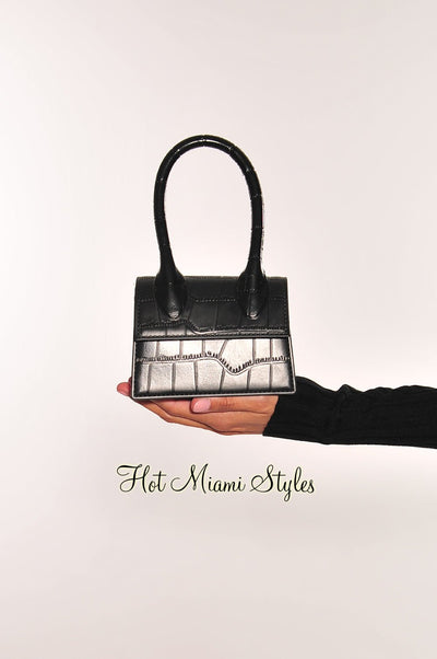 Black Crocodile Style Small Bag with Handle Cross Body - Hot Miami Styles