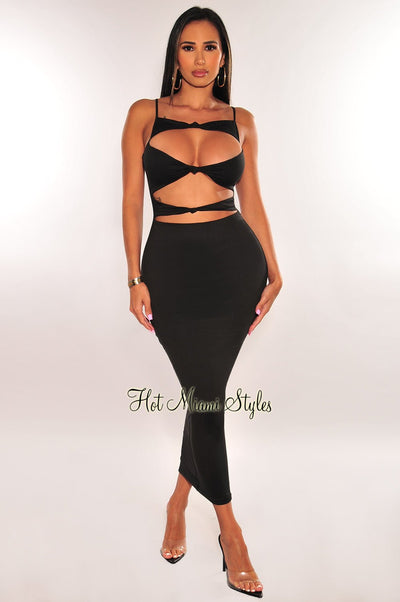 Black Cut Out Knotted Slim Fit Maxi Dress - Hot Miami Styles