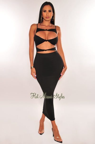 Black Cut Out Knotted Slim Fit Maxi Dress Small