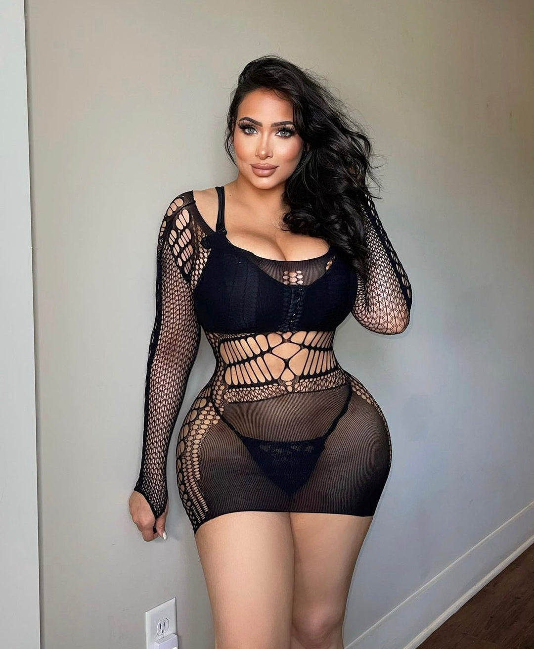 mini dress lingerie Black Cut Out Long Sleeve Chemise Mini Dress Lingerie