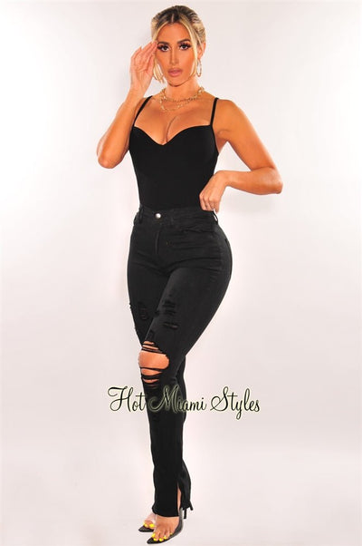 Black Denim Distressed Slit Hem Jeans - Hot Miami Styles