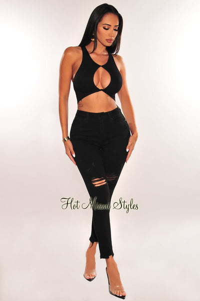 Black Denim High Waist Ripped Frayed Hem Skinny Jeans - Hot Miami Styles