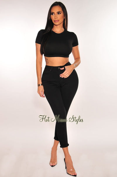Black Denim High Waisted Stretchy Skinny Ankle Jeans - Hot Miami Styles