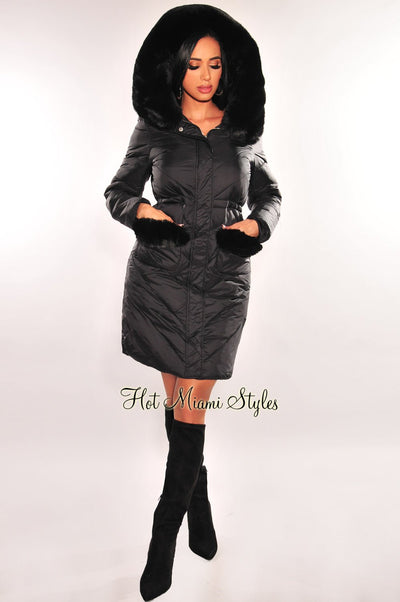 Black Faux Fur Hooded Long Sleeve Parker Puffer Coat Jacket - Hot Miami Styles