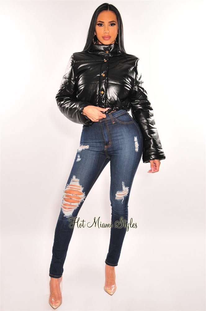 Faux Leather Ruched Sleeve Cropped Leather Cropped Bomber Jacket