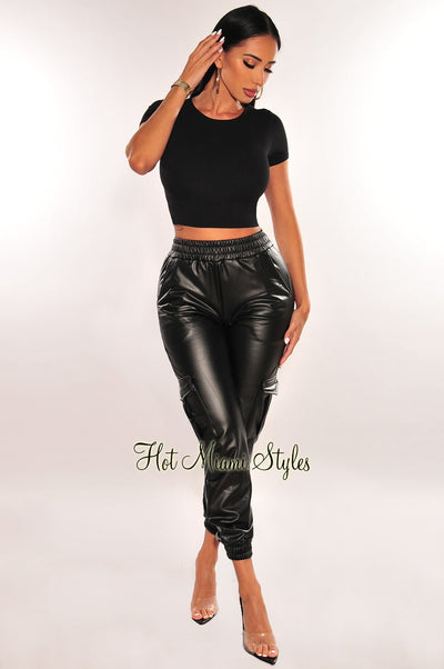 Black Faux Leather Cargo Jogger Pants - Hot Miami Styles