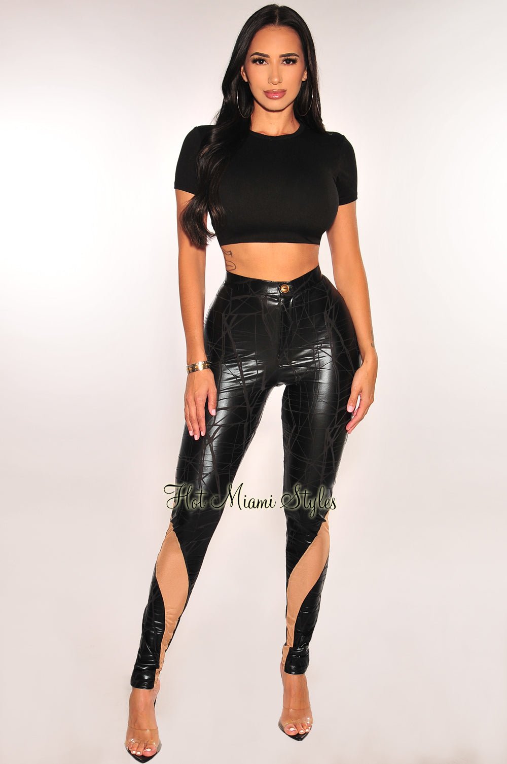 Black Faux Leather Crackle Mesh Nude Illusion Cut Out Pants – Hot Miami  Styles