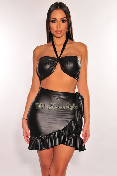 Black Faux Leather Halter Ruffle Tie Up Skirt Two Piece Set - Hot Miami Styles