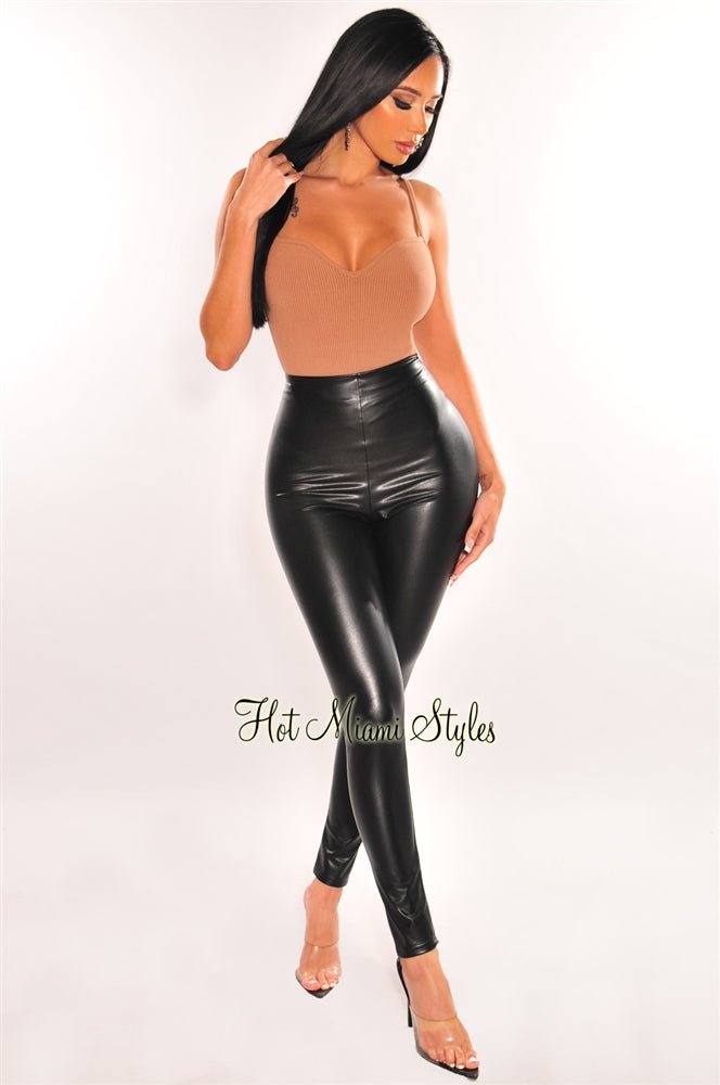 ALSLIAO Womens Black PU Leather High Waist Tight Zip Stretch Mini