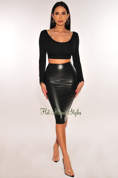 Black Faux Leather High Waist Pencil Skirt - Hot Miami Styles