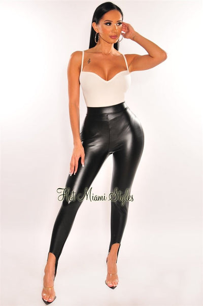 Black Faux Leather High Waist Stirrup Leggings - Hot Miami Styles