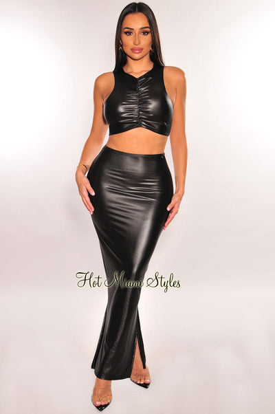 Black Faux Leather Ruched Sleeveless Double Slit Skirt Two Piece Set - Hot Miami Styles
