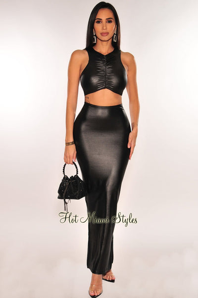 Black Faux Leather High Waist Slit Pencil Skirt - Hot Miami Styles