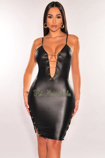 Black Faux Leather Spaghetti Strap Gold Chain Lace Up Double Slit Dress - Hot Miami Styles