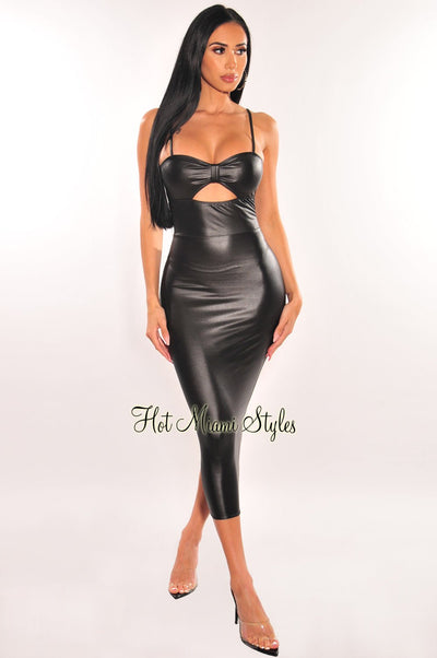 Black Faux Leather Spaghetti Straps Knotted Cut Out Midi Dress - Hot Miami Styles
