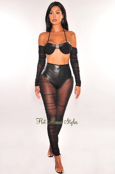 Black Faux Leather Underwire Ruched Mesh Pants Two Piece Set - Hot Miami Styles