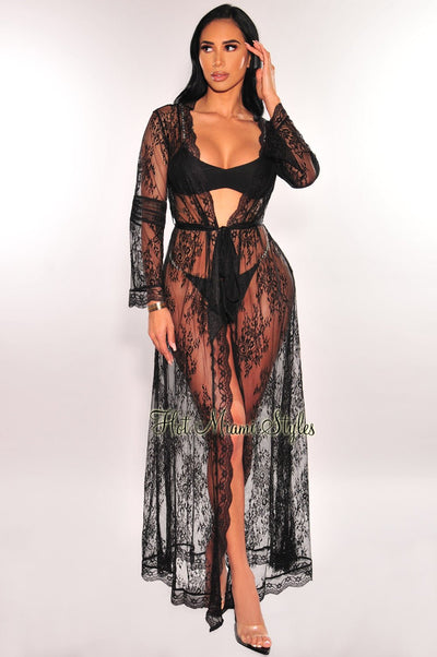 Black Floral Lace Crochet Sheer Tie Up Cover Up - Hot Miami Styles
