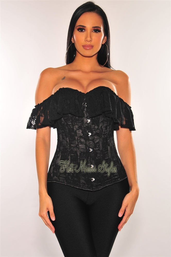 Black Floral Lace Ruffle Off Shoulder Boned Corset Top - Hot Miami
