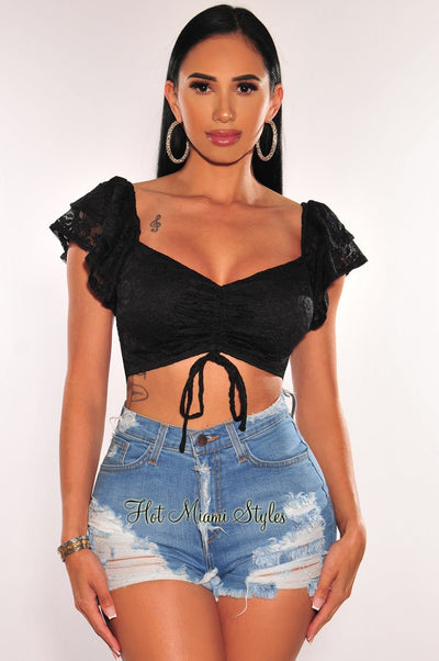 Black Floral Lace Ruffle Sleeve Tie Up Ruched Crop Top - Hot Miami Styles