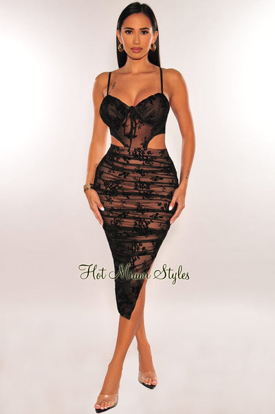 Black Floral Lace Spaghetti Strap Cut Out Ruched Slit Maxi Dress - Hot Miami Styles