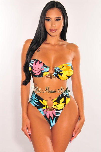 Black Floral Print Padded Bandeau Gold Ring High Cut Bikini Bottom - Hot Miami Styles