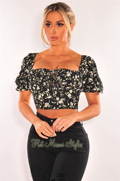 Black Floral Print Tie Up Short Sleeves Crop Top - Hot Miami Styles