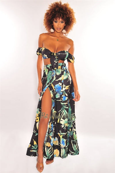 Black Floral Print Tie Up Tiered Maxi Skirt Two Piece Set - Hot Miami Styles