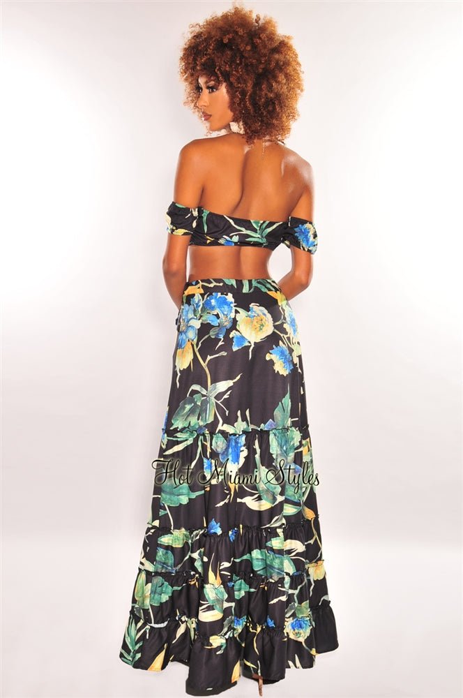 Black Floral Print Tie Up Tiered Maxi Skirt Two Piece Set