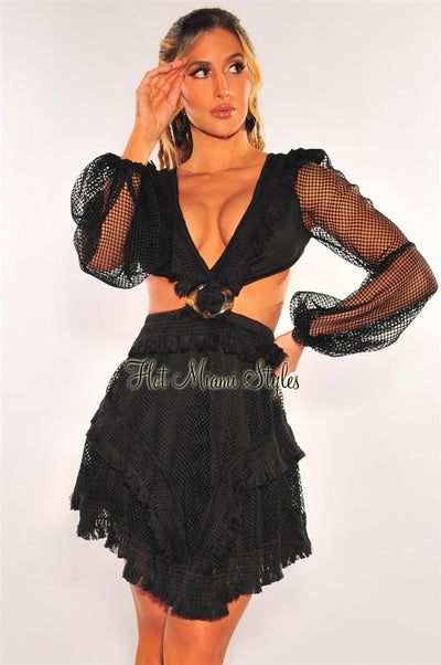 Black Fringe Cut Out Lace Up Back Long Sleeves Dress - Hot Miami Styles