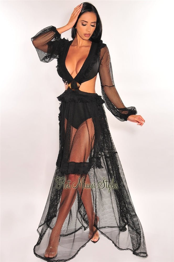 Black Fringe Cut Out Lace Up Back Long Sleeves Maxi Dress - Hot Miami Styles Black Fringe Cut Out Lace Up Back Long Sleeves Maxi Dress - Hot Miami Styles